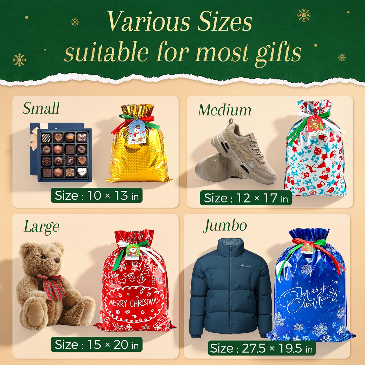 Diamerd Christmas Drawstring Gift Bags, 38 Piece Assorted Sizes, Red Green Blue