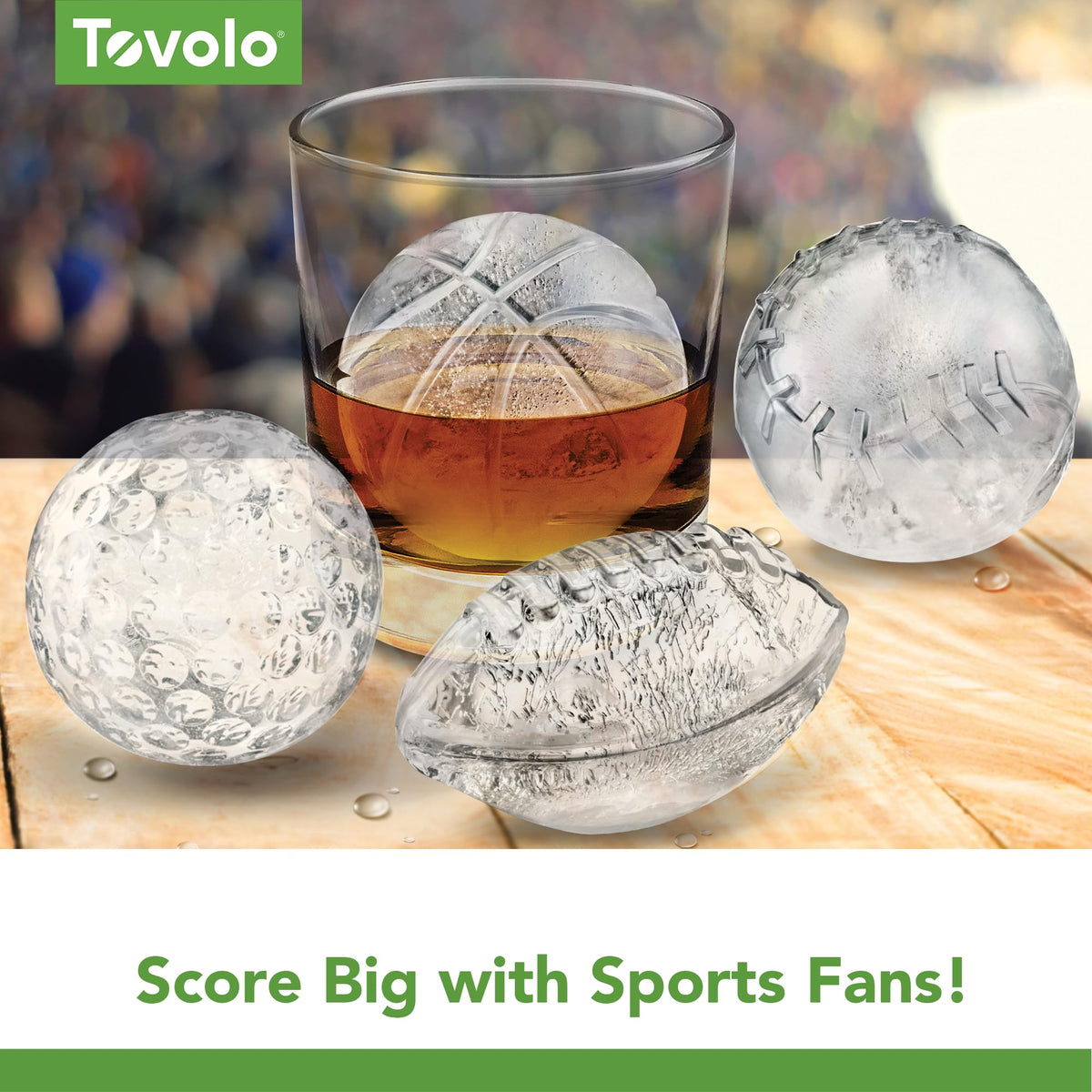 Sports Ice Mold Bundle Set of 4 Golf Ball Football Baseball Shapes Large Craft Ice Cubes for Whiskey Cocktails with Silicone Lids by Tovolo – Set of 4, Model 22042-999