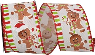 Reliant Ribbon Gingerbread Ticking Sparkle Wired Edge Ribbon, 2-1/2 Inch X 10 Yards, White