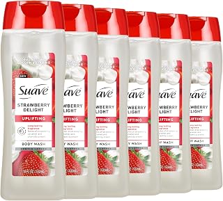 Suave Strawberry Delight Uplifting Body Wash, Formulated with Glycerin and Vitamin E for Hydrating and Gently Cleansing Skin, 18 FL OZ, 6 Pack