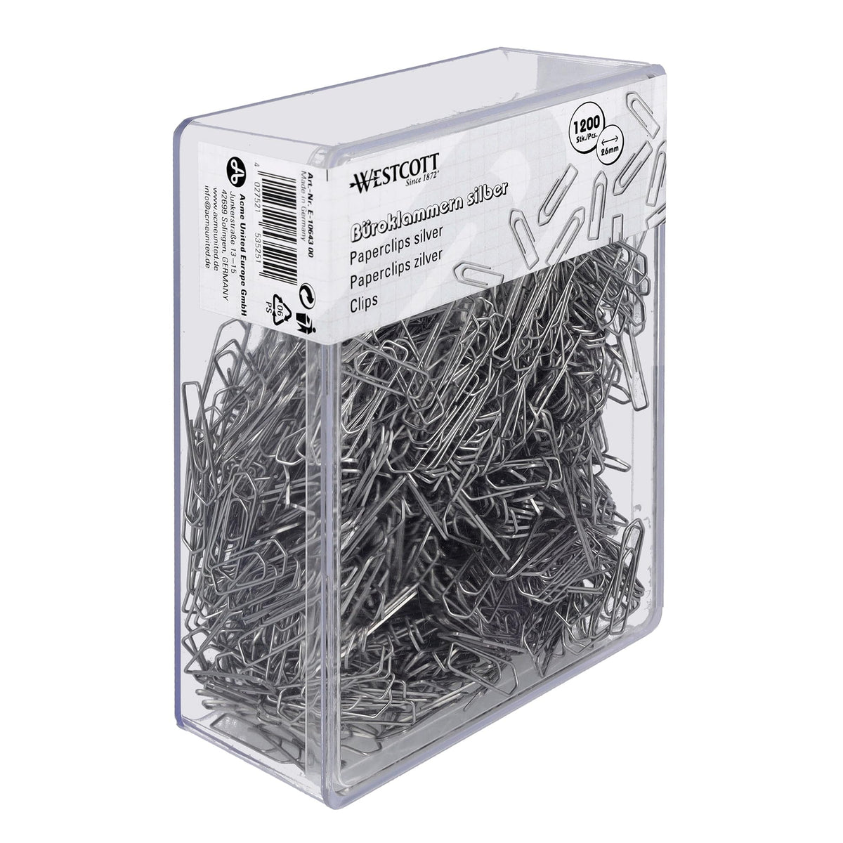 Paper Clips Silver Pack of 1200 | Storage Pack Paper Clips 26 mm | Practical Plastic Box | Galvanised | File Clips for Office and Household by Westcott – Model E-10643 00