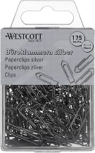 Westcott Paper Clips Silver Pack of 175 | Storage Pack Paper Clips 26 mm | Practical Plastic Box | Galvanised | File Clips for Office and Household | E-10640 00