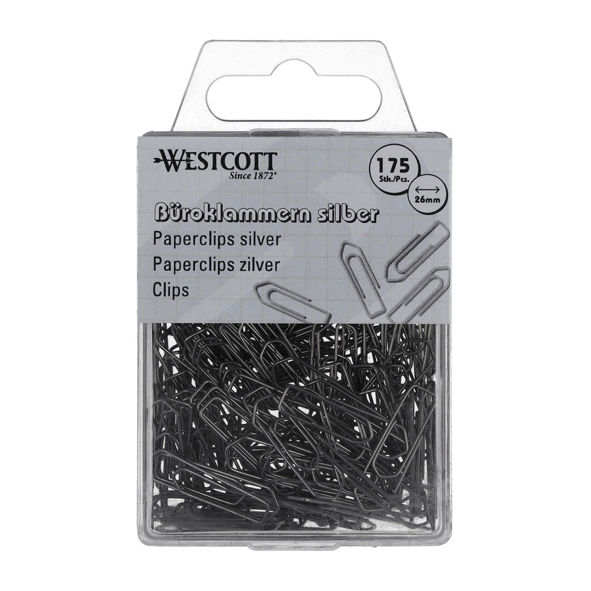 Paper Clips Silver Pack of 175 | Storage Pack Paper Clips 26 mm | Practical Plastic Box | Galvanised | File Clips for Office and Household by Westcott – Metal, Model E-10640 00