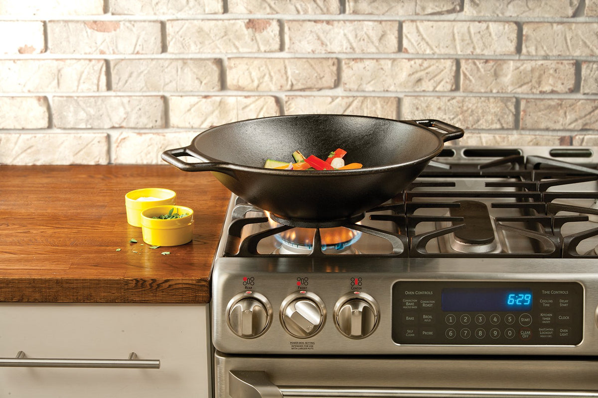 BOLD 14 Inch Seasoned Cast Iron Wok; Design-Forward Cookware & Tempered Glass Lid (12 Inch) by Lodge – 14", Tempered Glass, Black