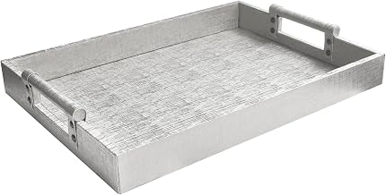 American Atelier Leather Rectangle Serving Tray with Handles-Silver Large