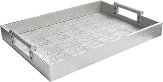 American Atelier Leather Rectangle Serving Tray with Handles-Silver Large