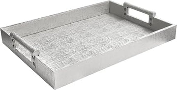 American Atelier Leather Rectangle Serving Tray with Handles-Silver Large