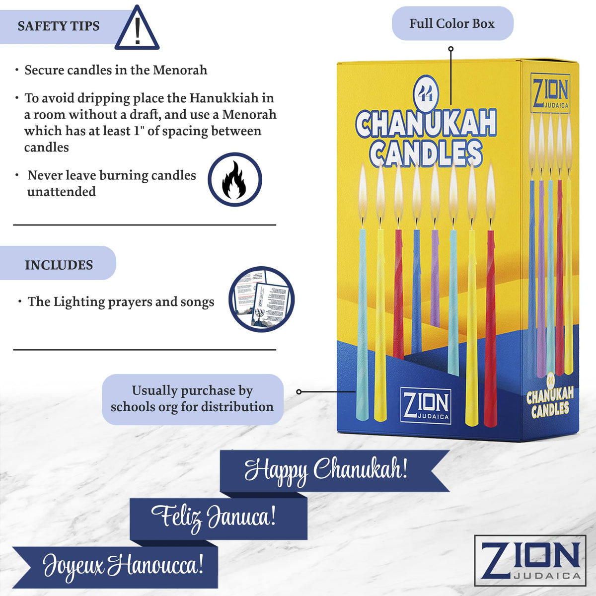 Zion Judaica Spiral Hanukkah Candles, Multicolor, 44-Count Box