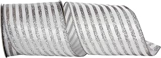Reliant Ribbon Vertical Glitter Bling Stripes Wired Edge, White/Silver, 4 Inch, 10 Yards