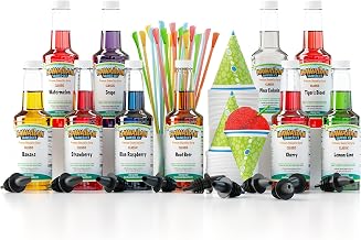Hawaiian Shaved Ice Syrup Assortment with 10 - 16oz Bottles, 50 Snow Cone Cups, 50 Spoon Straws, and 10 Pouring Spouts. Flavors include: Tiger’s Blood, Pina Colada, Blue Raspberry, Cherry, Lemon-Lime