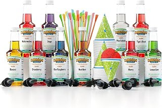 Hawaiian Shaved Ice Syrup Assortment with 10 - 16oz Bottles, 50 Snow Cone Cups, 50 Spoon Straws, and 10 Pouring Spouts. Flavors include: Tiger’s Blood, Pina Colada, Blue Raspberry, Cherry, Lemon-Lime