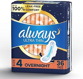 Always Ultra Thin Feminine Pads for Women with WIngs, Size 4, Overnight Absorbency, Unscented, 36 Count