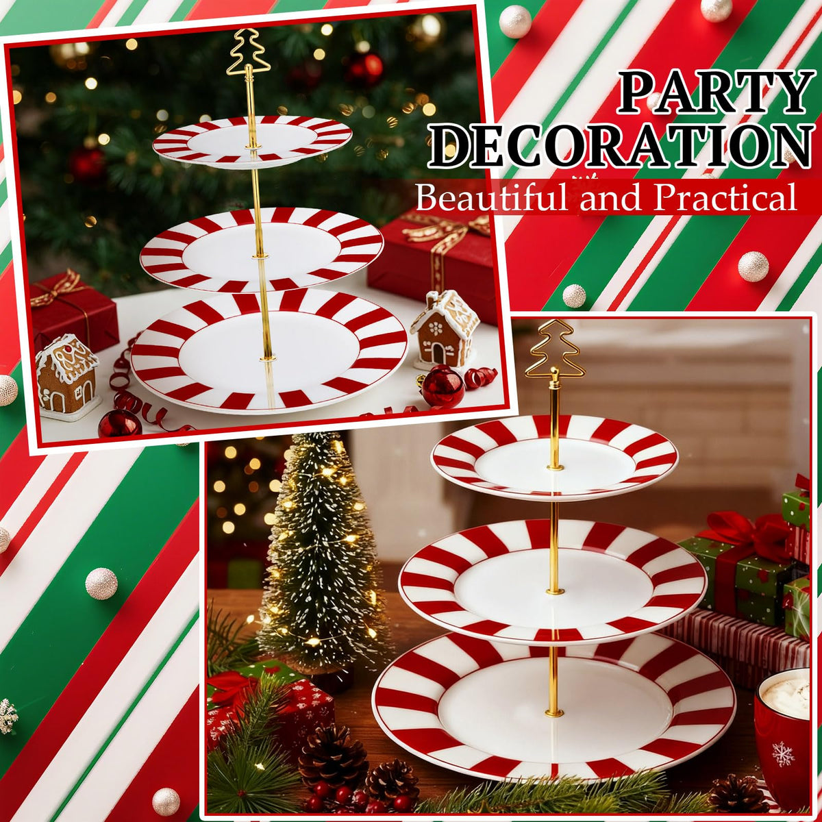 Lallisa 3 Tier Ceramic Cake Stand, 10 9 7 Inch Plates, Red and White