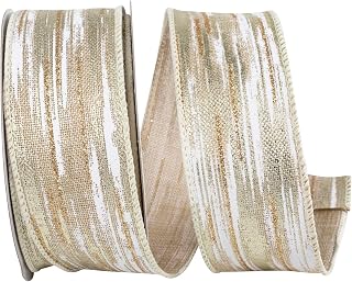 Reliant Ribbon Ribbon - Birch Bark Metallic Linen Wired Edge, Ivory/Silver, 1-1/2 Inch, 10 Yards