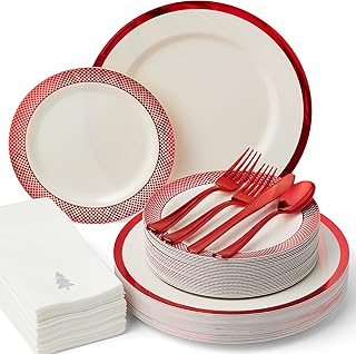 HEAVYWEIGHT 175 Pc Ivory with Red Trim Plastic Disposable Dinnerware Set with Silverware & Linen-Like Premium Napkins (25 Guests)