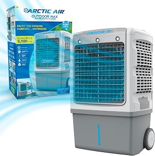 Arctic Air Outdoor Max Evaporative Cooler with Hydro-Chill Technology, 3,100 CFM Large Cooler with Wheels, 3 Speeds, Adjustable Front Grill, Cooling Jets, Hose Hookup, 10-Gallon Tank, Oscillating Fan