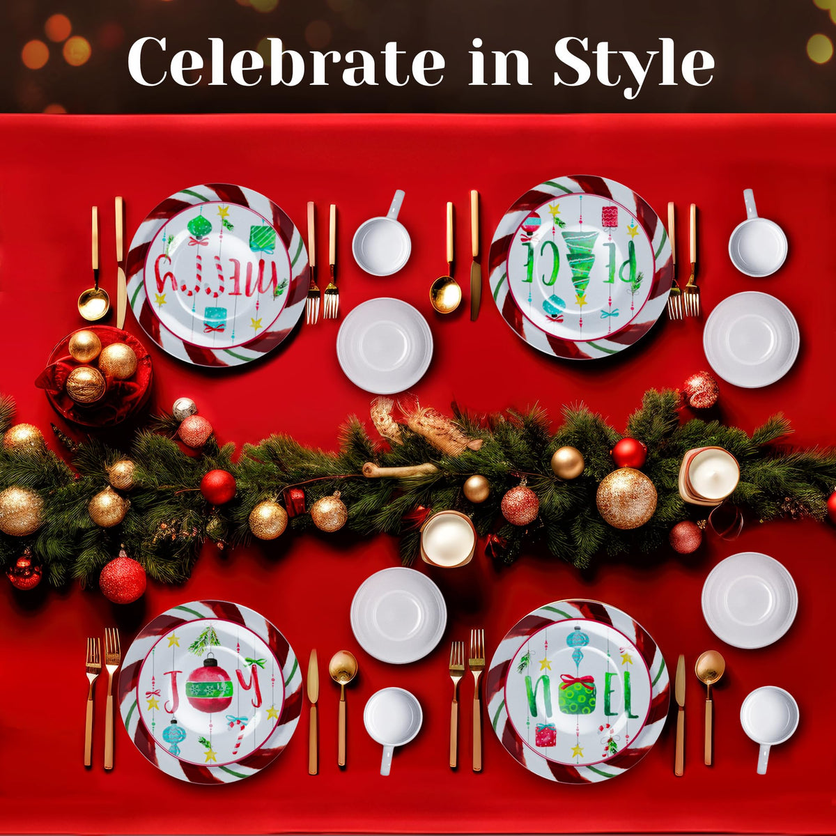 16-Piece Christmas-Themed Stoneware Dinnerware Set - Green/Red by American Atelier – 10.5x10.5", Porcelain, Green/Red, Pack of 16, Model 7216-16-RB