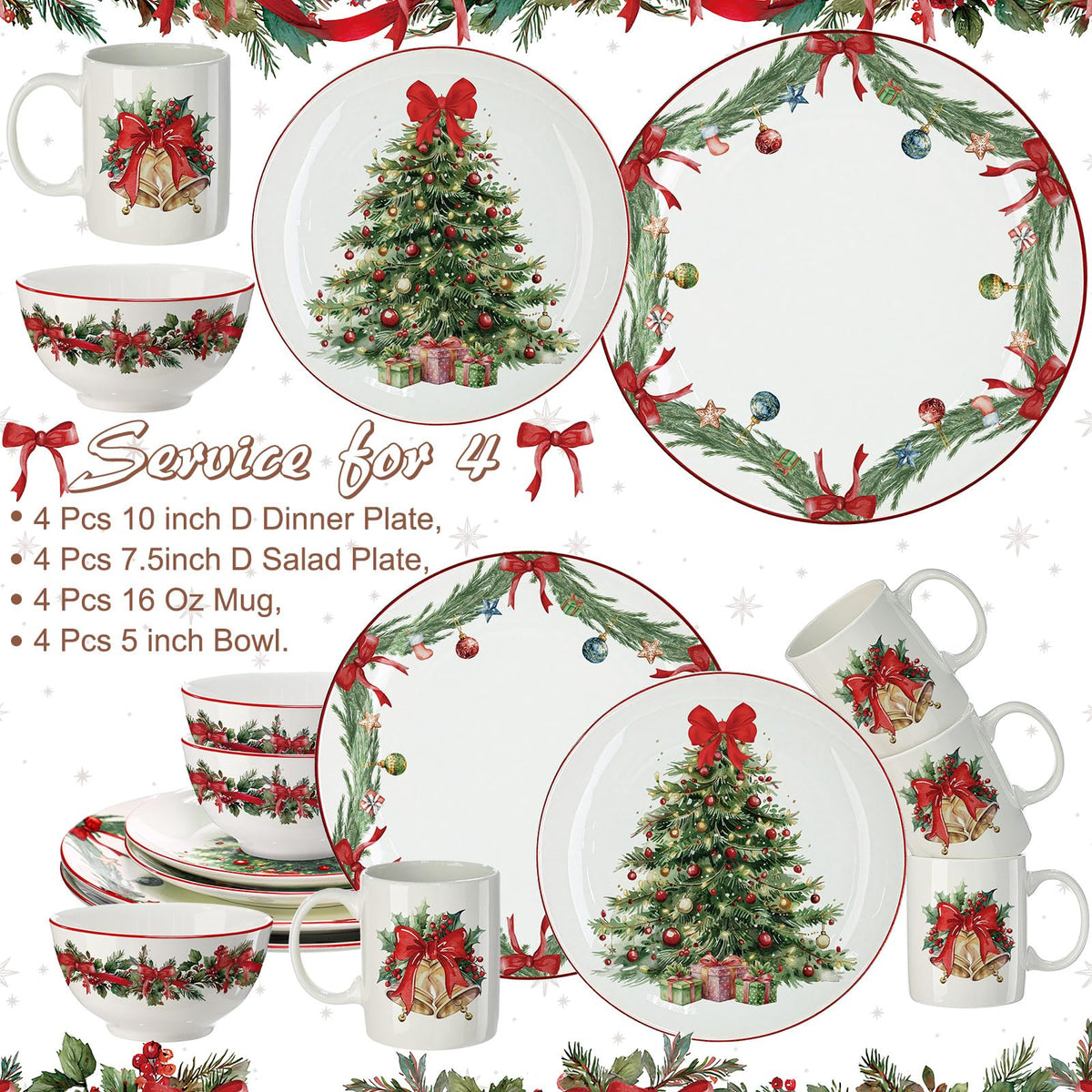 Pickmesh Christmas Dinnerware Set, 16 Piece Ceramic Service for 4