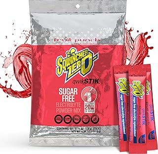Sqwincher Qwik Stik, Sugar Free, Fruit Punch Flavor, .11oz Packet, 50 Pack | Zero sugar electrolyte mix; fast-dissolving single-serve sticks; just add to 20oz water bottle for quick on-the-go hydration