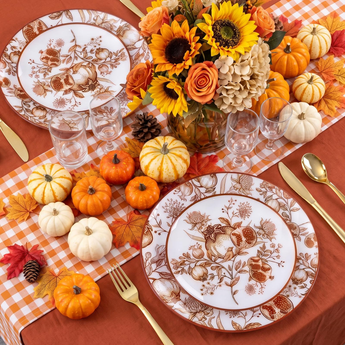 Joyido Thanksgiving Plastic Plates, Pomegranate Design, 125 Piece Set