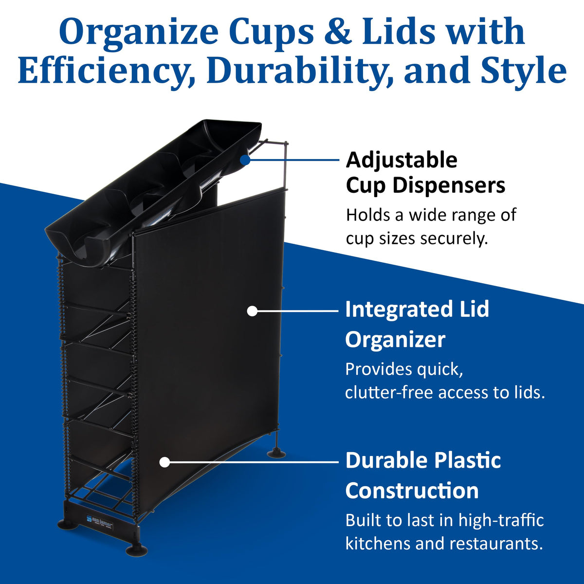 Wireworks Cup Dispenser and Lid Organizer- 4-Tier- Holds 270 Cups- Metal- Black by San Jamar – 4 Positions, 280.0 cups, Plastic, Black, Model C8504WFD