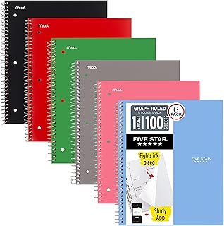 Five Star Spiral Notebook + Study App, 1 Subject, Graph Ruled Paper, 8.5" x 11", 100 Sheets, Assorted Colors, 6 Pack (73549)