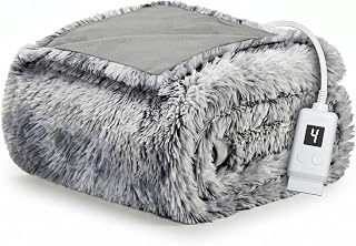 Sunbeam Heated Throw Blanket Fluffy Shag Faux Fur 4 Heat 2-Tone Gray 50x60