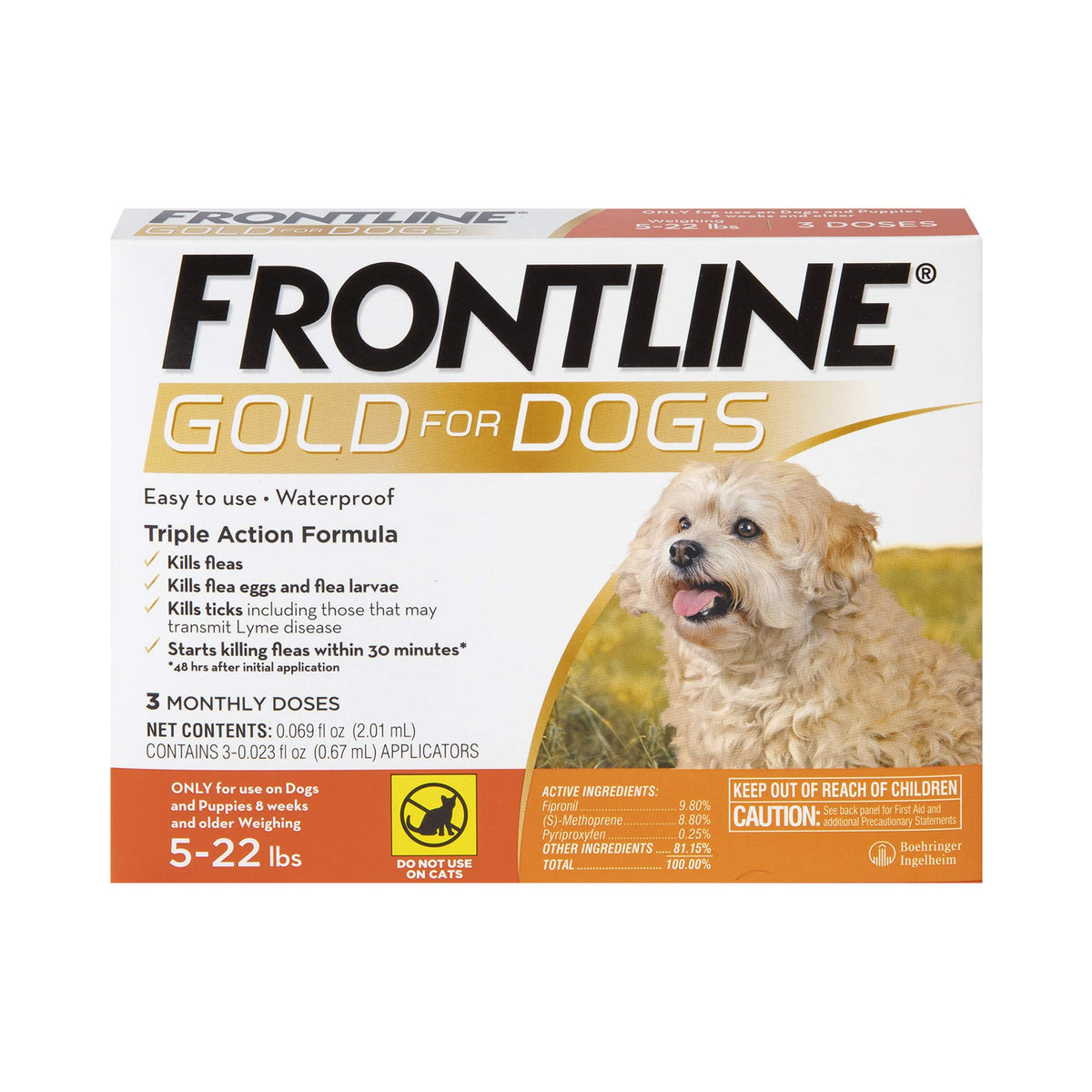 Gold Flea & Tick Treatment for Small Dogs Up to 5 to 22 lbs. by Frontline – 3 CT, Orange Box, Pack of 3, Model 00871