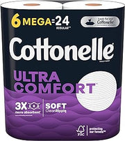 Cottonelle Ultra Comfort Toilet Paper, Strong Toilet Tissue, 6 Mega Rolls (6 Mega Rolls = 24 Regular Rolls), 268 Sheets per Roll, Packaging May Vary White