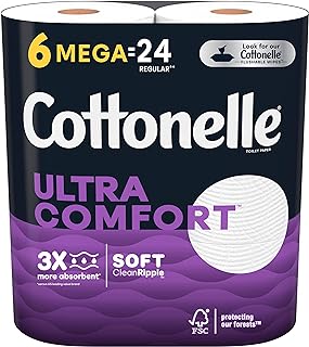Cottonelle Ultra Comfort Toilet Paper, Strong Toilet Tissue, 6 Mega Rolls (6 Mega Rolls = 24 Regular Rolls), 268 Sheets per Roll, Packaging May Vary White