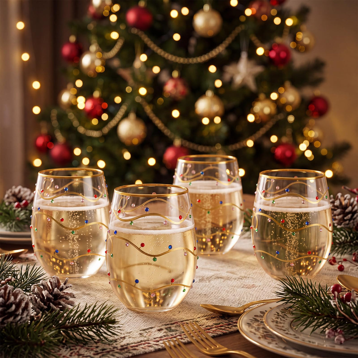 Vesici Stemless Wine Glasses, 19 oz Multicolor Rhinestone Set, 4 Pack