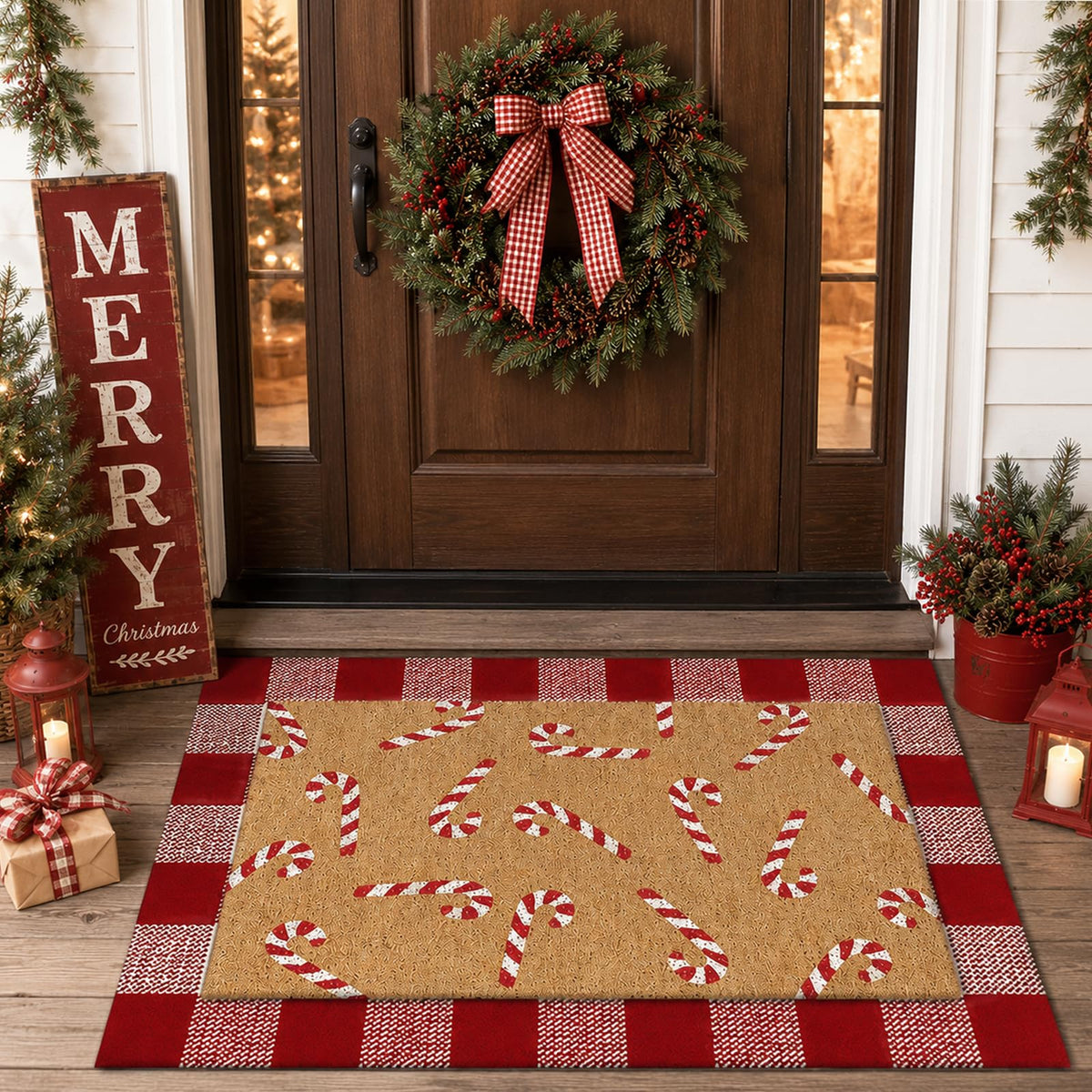 Drydiet Layered Doormat Set, Buffalo Plaid Candy Cane Design, Red and White