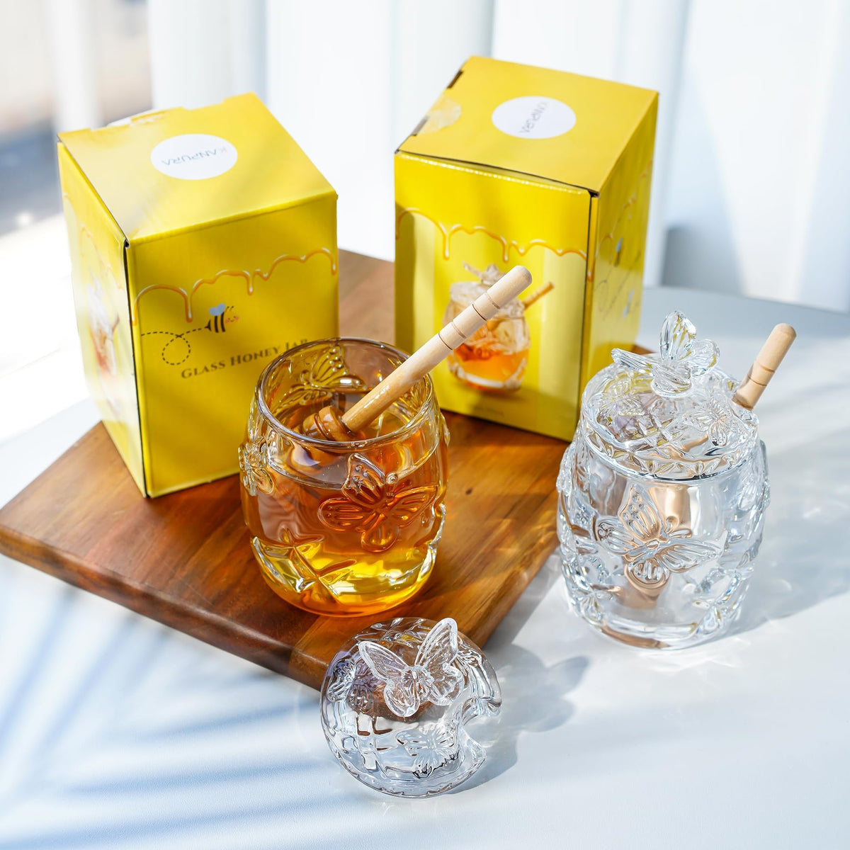 Kanpura Crystal Honey Jar with Dipper, 4.5 oz, Butterfly