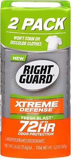 Right Guard Xtreme Defense Antiperspirant Deodorant Invisible Solid Stick, Fresh Blast, 2.6 Ounce Twin Pack (Pack of 2)