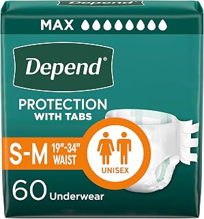 Depend Adult Diapers with Tabs, Unisex, S/M (19-34" Waist), 60 Count