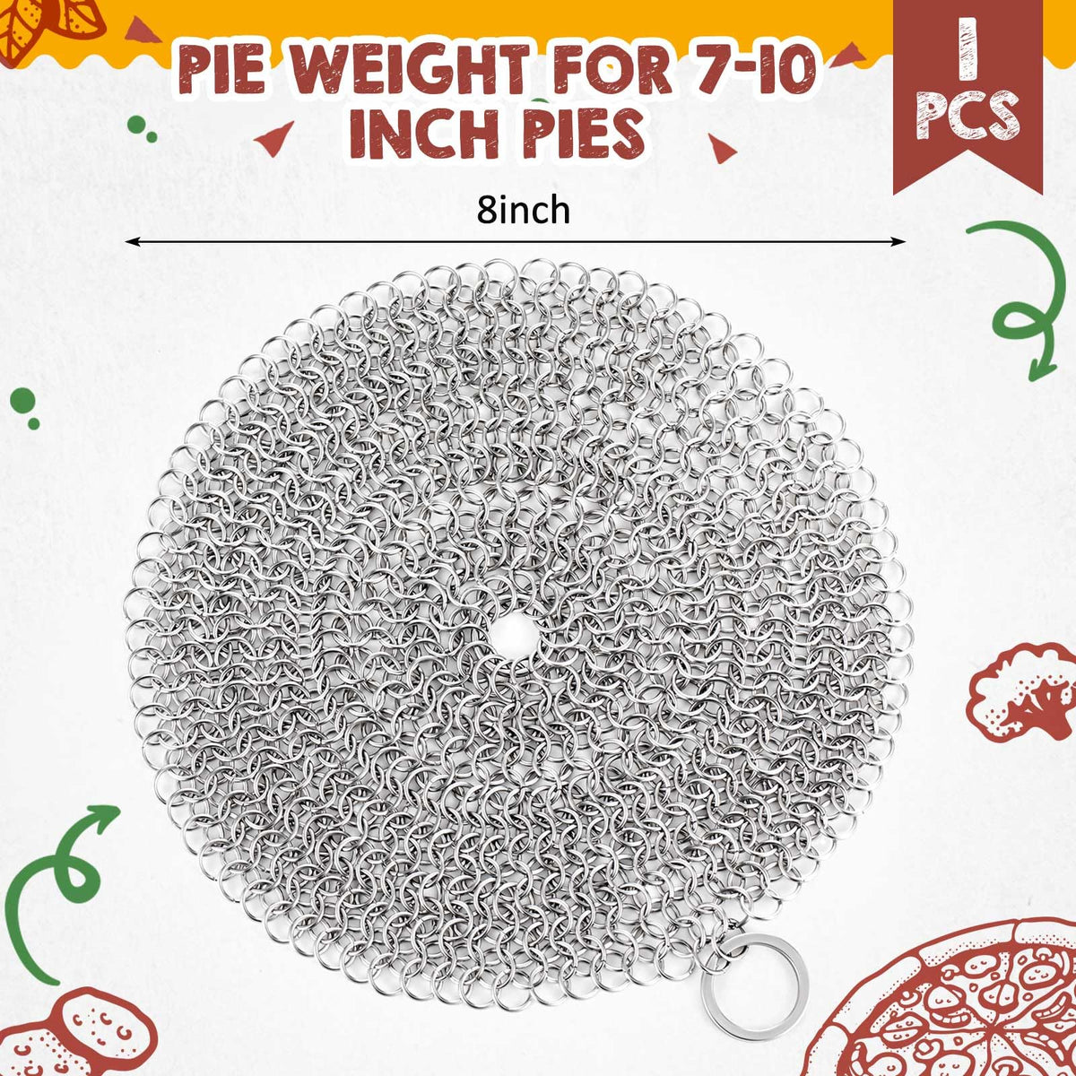 Patelai Stainless Steel Pie Weight, 8 Inch Chain Disc, Gray