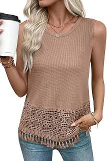 Womens Tank Tops Crochet Lace Boho Waffle Knit Spring Summer Trendy