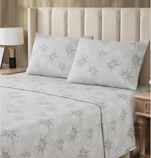 Sweet Home Collection Flannel Christmas Sheet Set, Falling Snow Silver King, Deep Pocket Soft Brushed Microfiber Holiday Bedding with Fitted Sheet, Flat Sheet & Pillowcase(s)