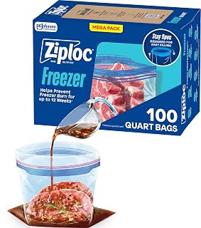 Ziploc Quart Food Storage Freezer Bags, Stand-Up Bottom, Easy to Fill, 100 Count