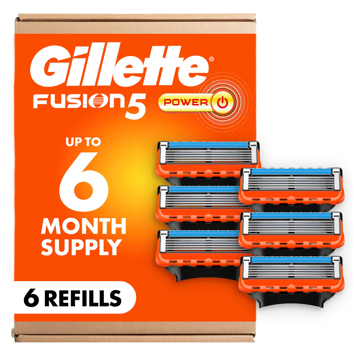 Fusion5 Power 5-Blade Razor Refills for Men by Gillette – 6 Count (Pack of 1), Orange