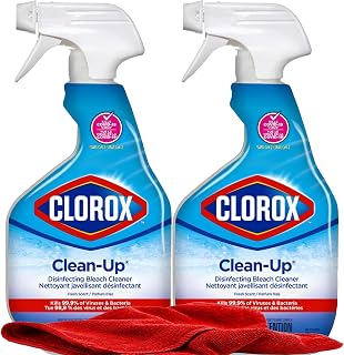 Clorox Clean Up Multi Surface Spray with Bleach, 2 Pack All Purpose Bleach Spray Trigger, Disinfects Kitchen, Bathroom, Fresh Scent, Mold & Mildew Cleaner, 32 oz. Ea Plus Microfiber Cleaning Cloth