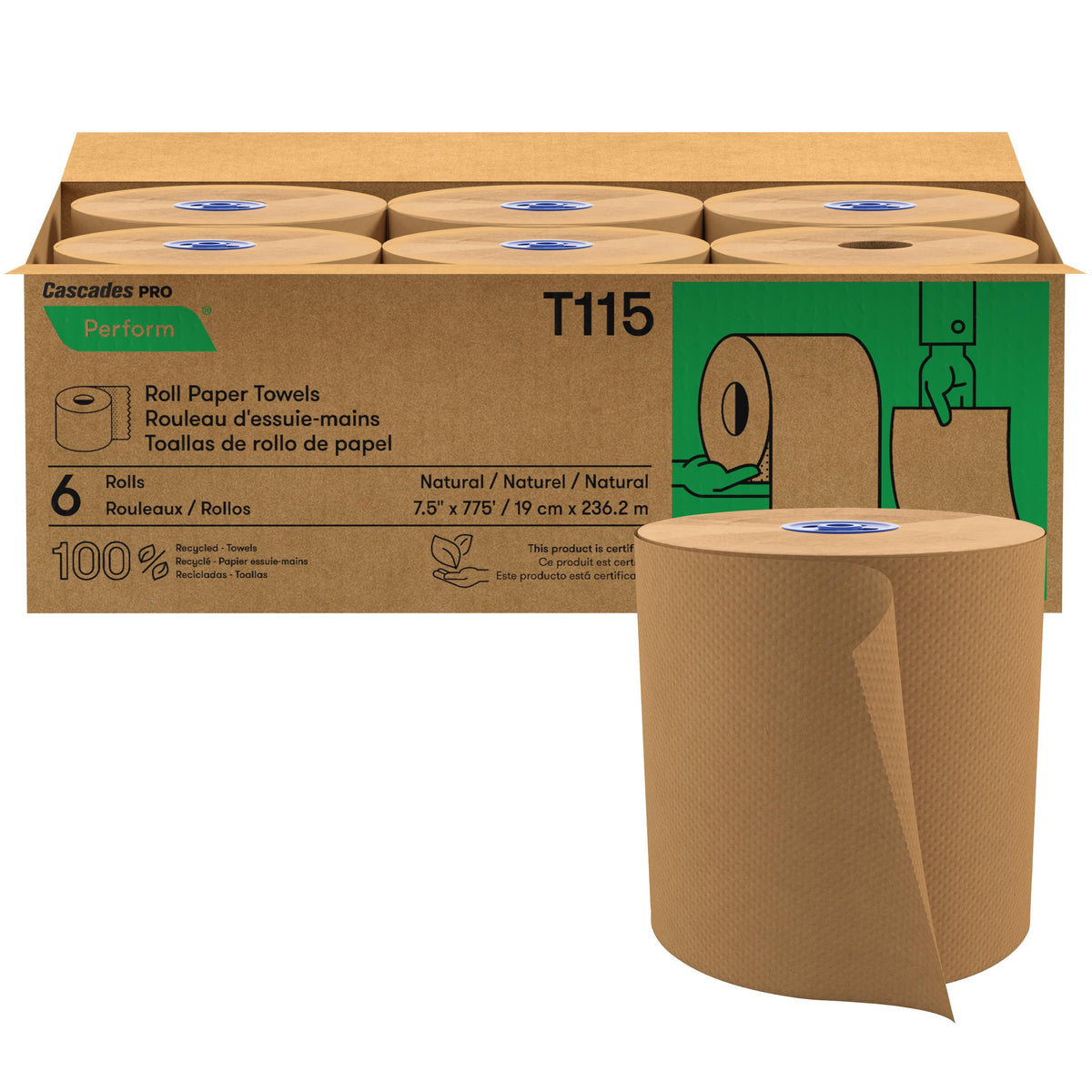 Cascades PRO Perform Roll Paper Towels for Tandem Dispensers 1-Ply – 775 ft Rolls, 100% Recycled, Compostable, High Capacity,