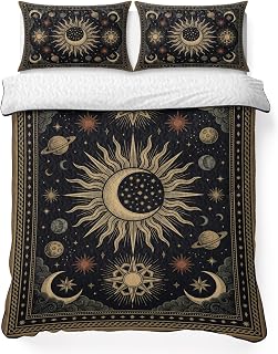 Crescent Moon Sunburst 3 Piece Quilt Set Queen Size, Vintage Abstract Gold Planet Star Galaxy Soft Bedspread Coverlet Bedding Set Microfiber Lightweight Comforter Set with 2 Pillowcases for Bedroom
