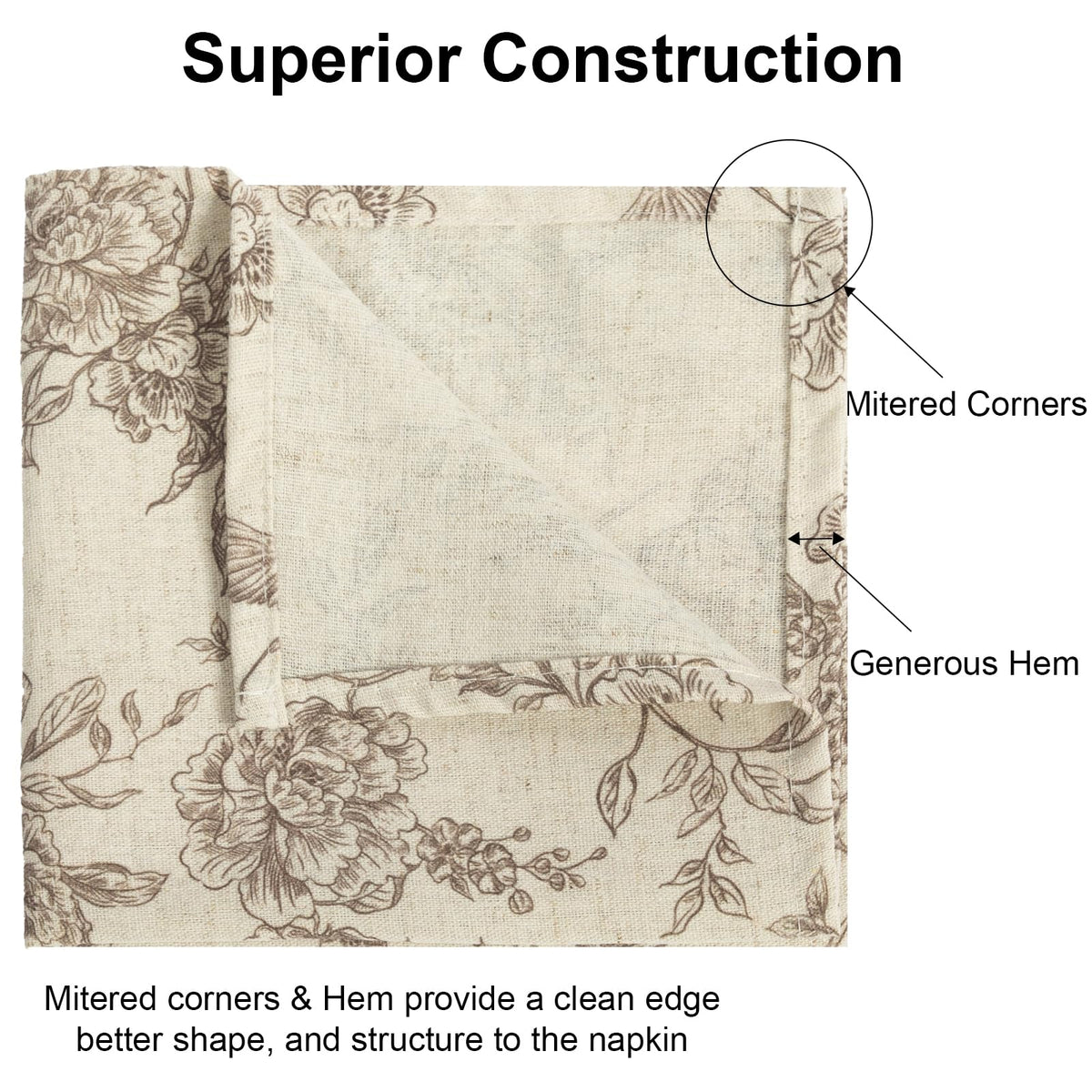 Muginyu Floral Cloth Napkins, 15 x 15 Inch, Set of 12, Flower Bird