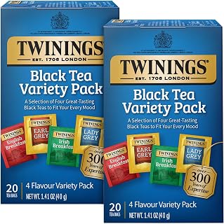 Twinings Black Tea Variety 2-Pack with Earl Grey Tea, English Breakfast Tea, Irish Breakfast Tea, and Lady Grey Tea Bags, Individually Wrapped, 20 Count Ea