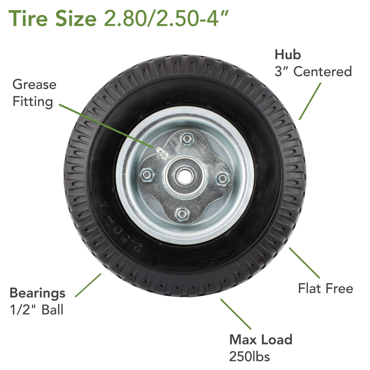 2.80/2.50-4" Narrow Width Flat Free Hand Truck / Utility Cart Tire on Wheel by Marathon – 8.5"L x 2.4"W x 3"H, Polyurethane, Gray Rim, Model 00026N