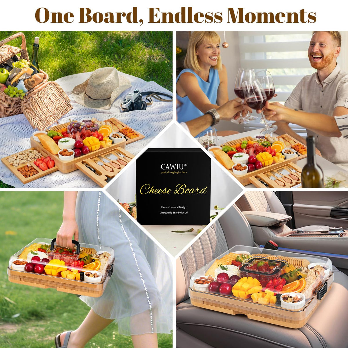 CAWIU Charcuterie Board with Lid and Drawers, Large Bamboo, Black