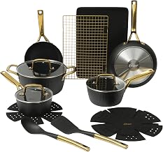 Oster Platinum Abbottsford 16 Piece Aluminum Pots and Pans PFA Free Ceramic Non stick Induction Kitchen Cookware Set - Black W/Gold