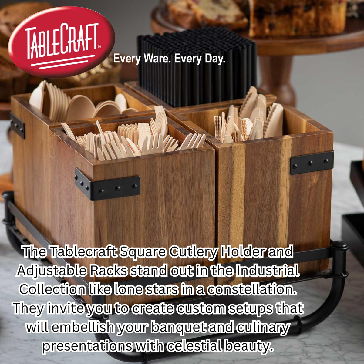 Industrial Collection Adjustable Cutlery Holder Rack by Tablecraft – Wood, Black, Model 10075