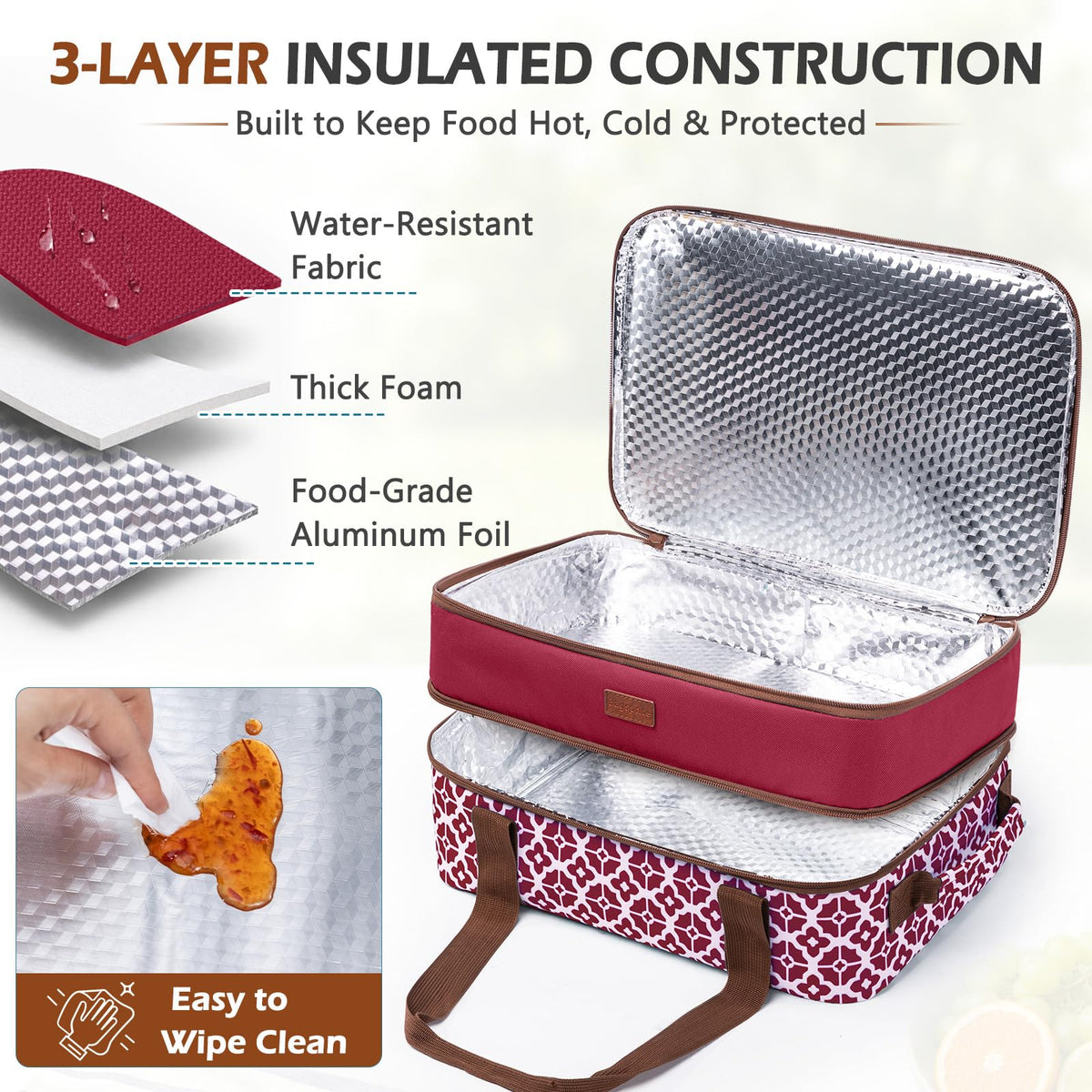 Bagsprite Double Layer Casserole Carrier, Fits 9 x 13 Inch Dishes, Cranberry